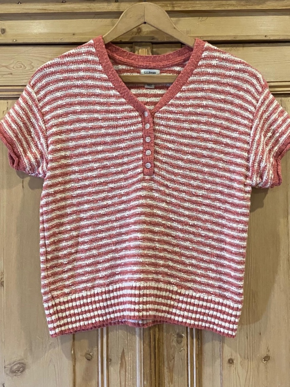 LL Bean Cotton Short Sleeve Sweater Pink White Striped Size XS Petite